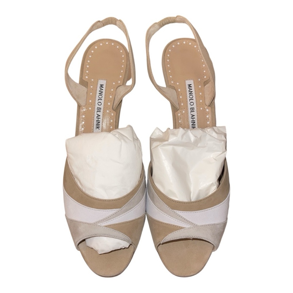 NEW Manolo Blahnik Meteora 50mm Beige/Tan/White Slingback Suede Sz 40.5